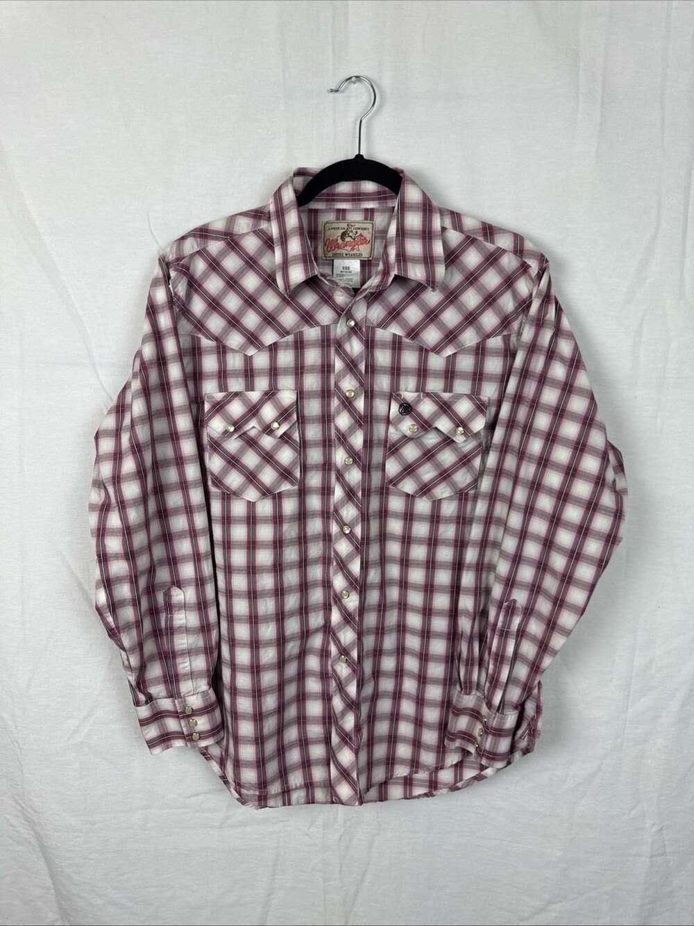 Wrangler Western Shirt Size M MV1034M Burgundy White Plaid Pearl Snap